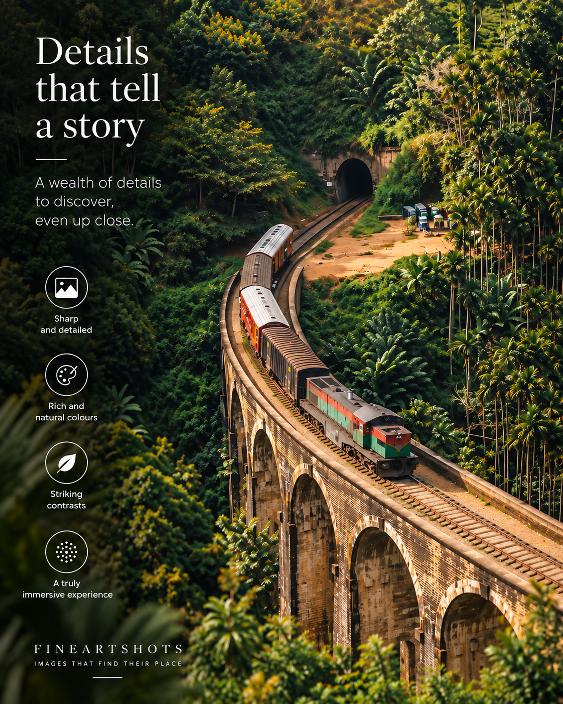 Detail of the train emerging from the tunnel and entering the Nine Arches Bridge in Ella, Sri Lanka.